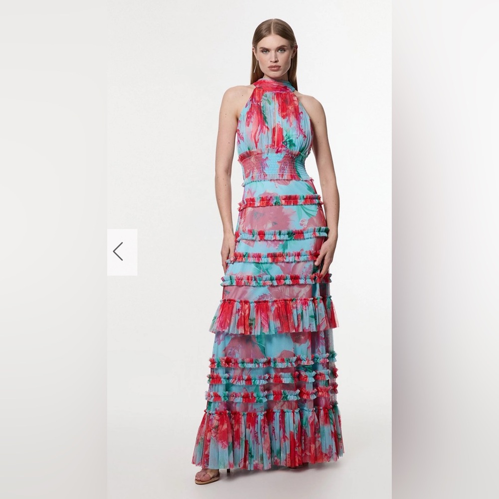 Karen Millen Size 6 Floral Tulle Halter Neck Woven Maxi Dress